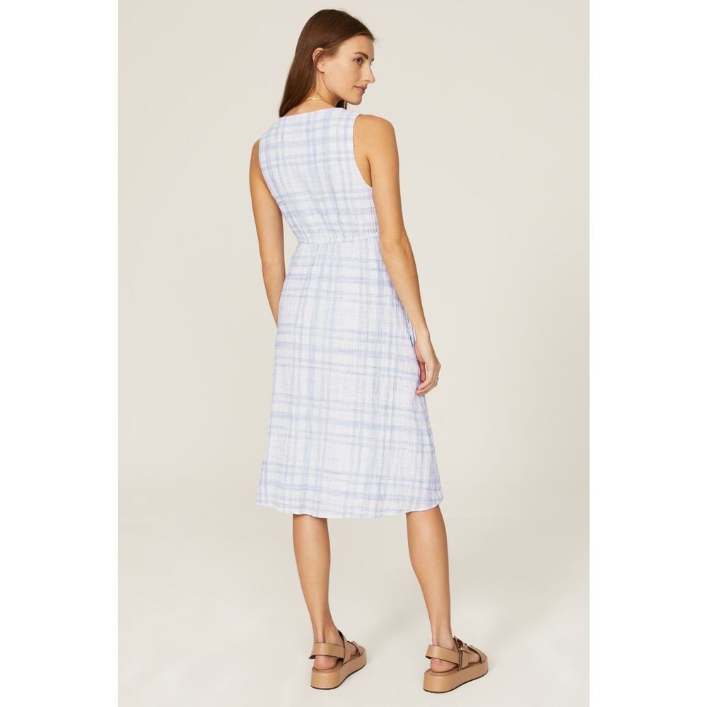 LOVE WHIT Blue Plaid Checkered Tie Front Cotton V-Neck Midi Dress Size Medium - Picture 2 of 14